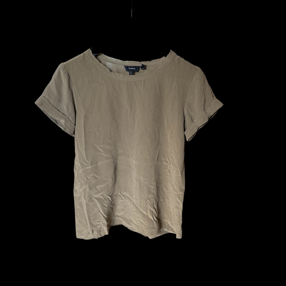 Theory Bakeeve Summer Silk Top Olive Green Short Sleeve Raw Edge Tee Size P